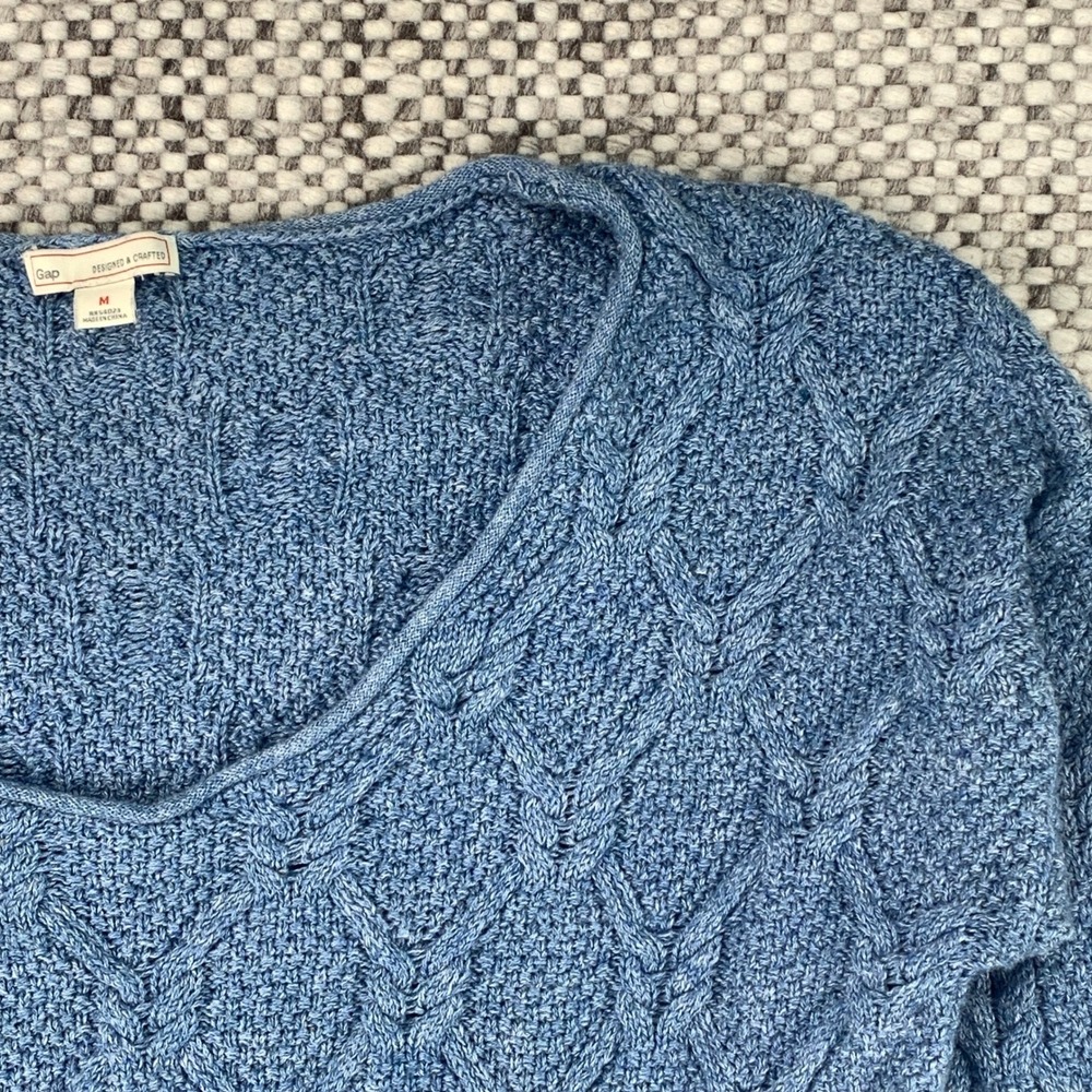 Gap Sweater Womens Medium Blue Cable Knit V-Neck Cotton Pullover 981502